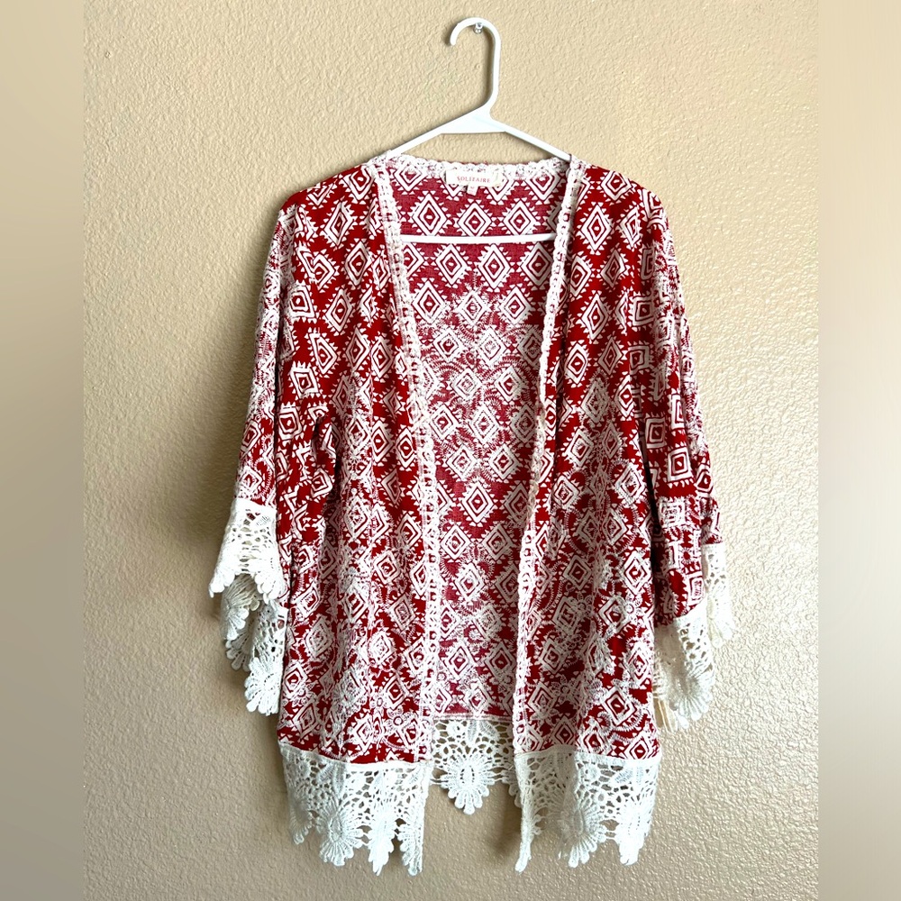 Solitaire Women’s Open Front Geometric Boho Crochet Duster Shawl Sz Medium Flaw
